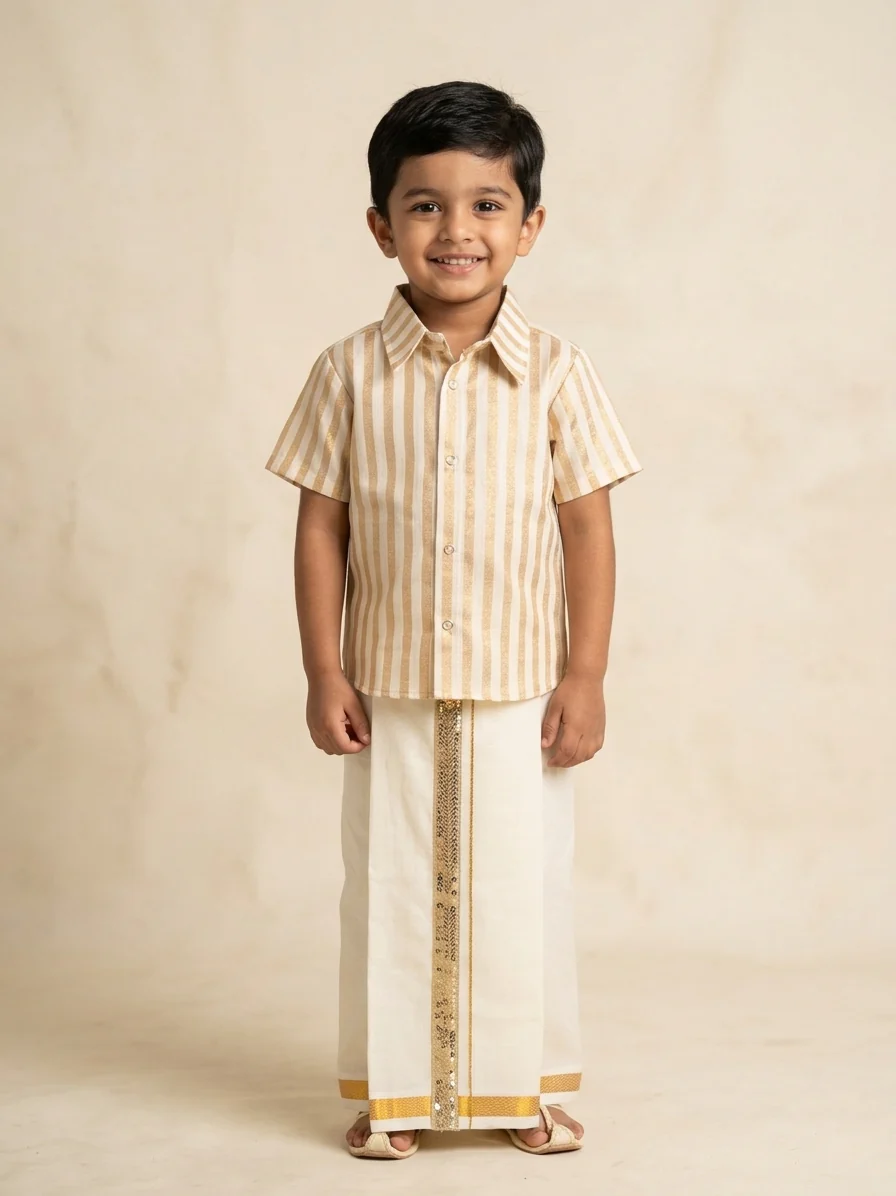 Half White Gold Stripes Shirt & Vesti Set